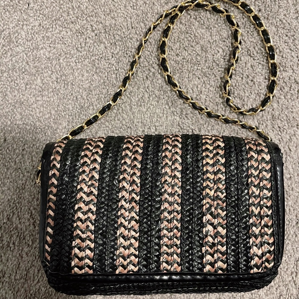 Gold and Black Woven Flap Bag on Chain